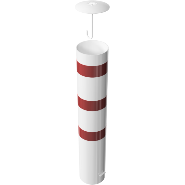 Barrier bollard | Steel tube  273 x 5 mm | stationary | for setting in concrete | hot-dip galvanized and white coatedwith three red reflecting stripes | total length: 1500 mm | with steel cap with concrete anchor
